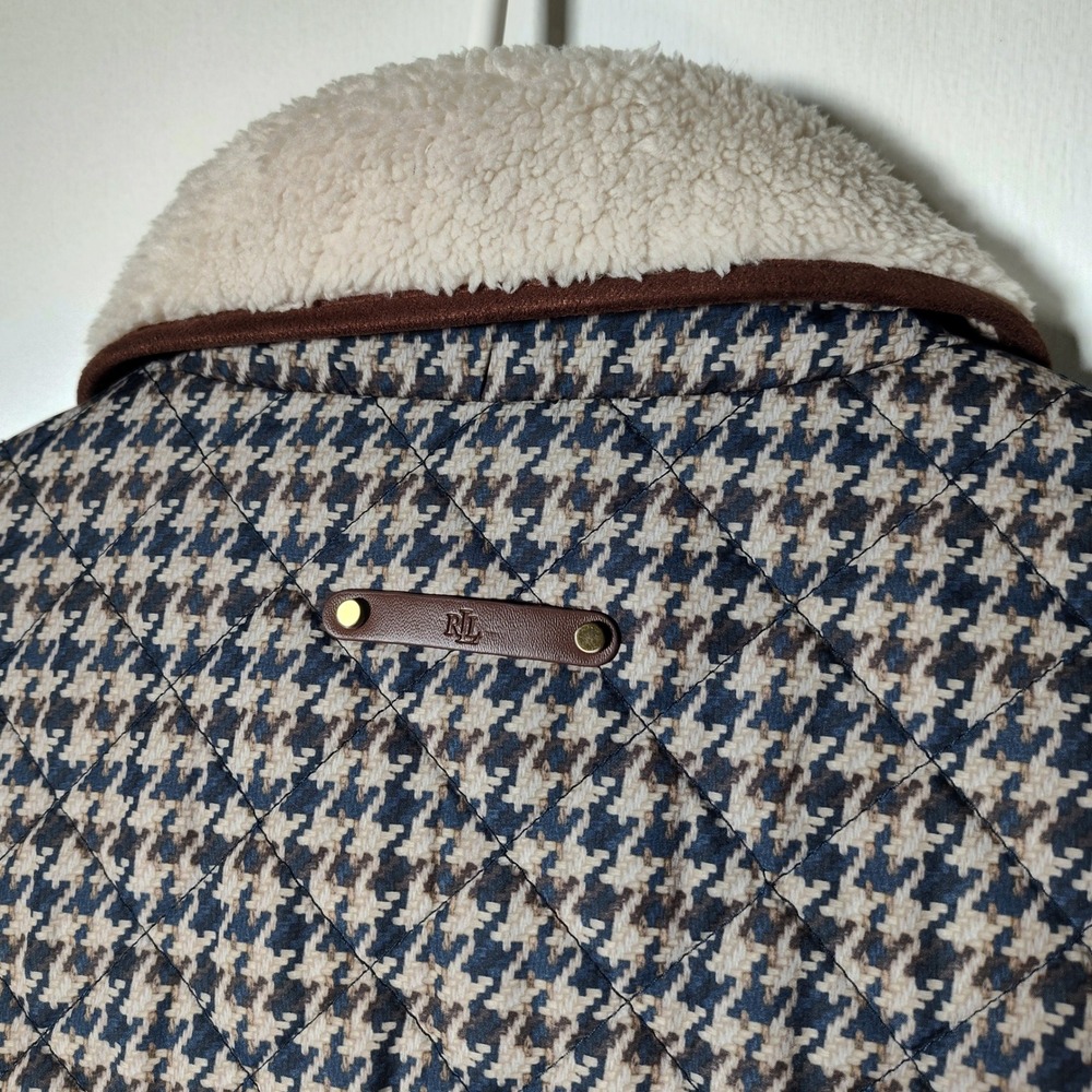 Lauren Ralph Lauren Lightweight Houndstooth Quilted Jacket Faux Sherpa Collar M - Picture 7 of 13